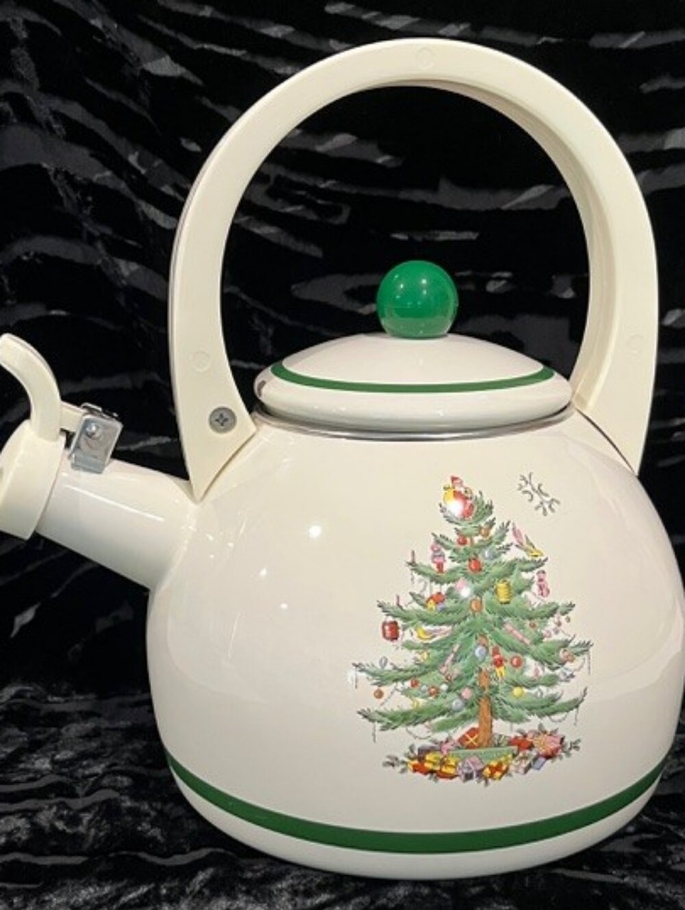 Early 2000s Vintage Spode Christmas Tree Whistling Tea Kettle - Enamel on Steel